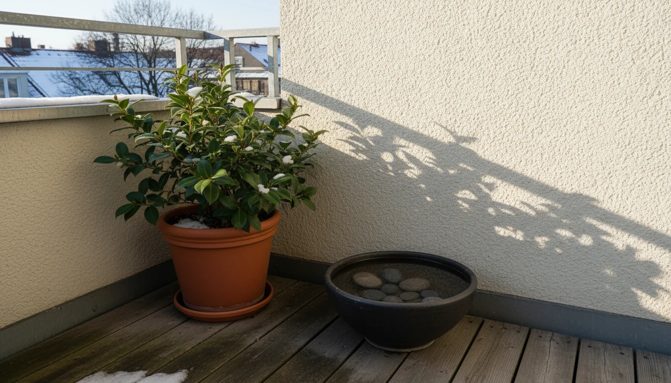 Balcony bird water station in morning sun, nestled against a building wall with an evergreen pot for wind shelter.