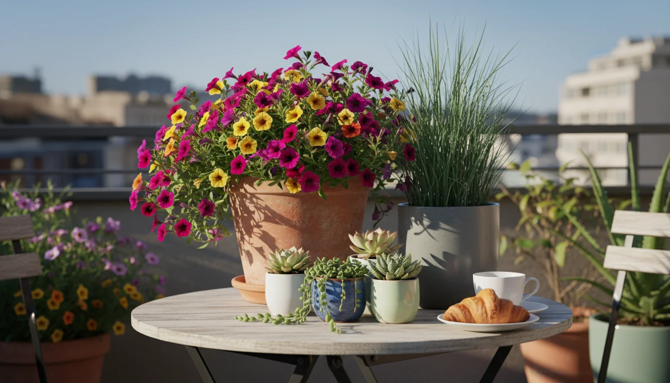Close-up of a balcony bistro table with pots of vibrant calibrachoa, ornamental grass, and succulents, showcasing low-upkeep plants.