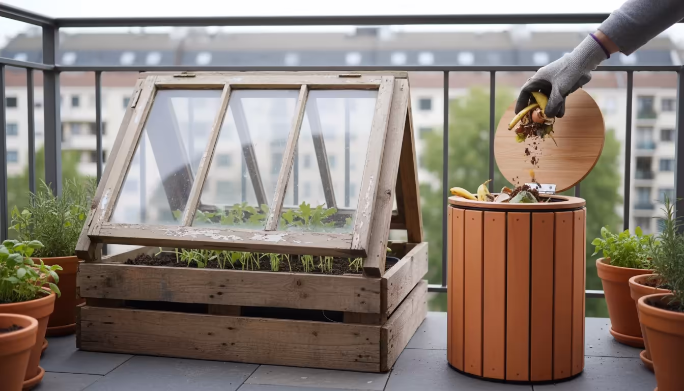 An authentic balcony cold frame made from repurposed wood and an old window, with a person adding trimmings to an adjacent compost bin.