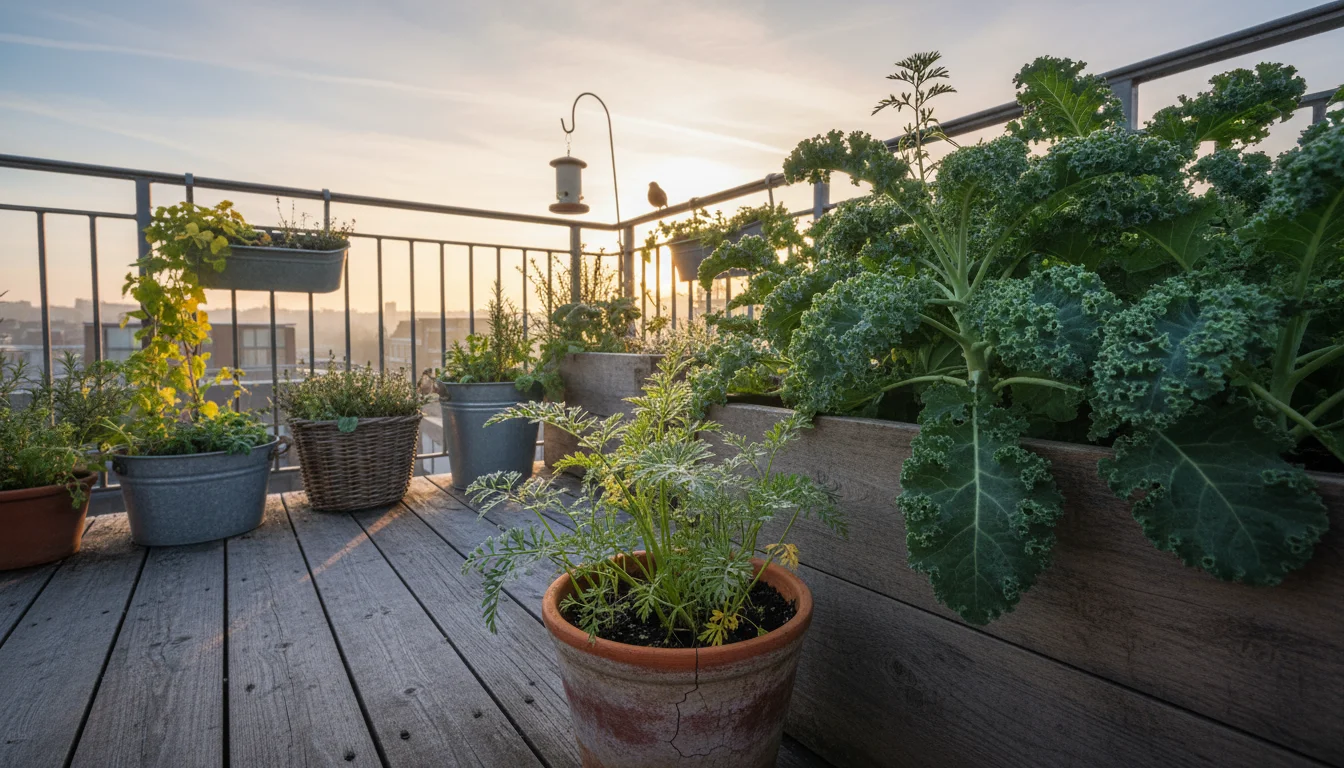 A balcony container garden at dawn, showing curly kale in a wooden planter and carrot foliage in a terracotta pot with morning dew.