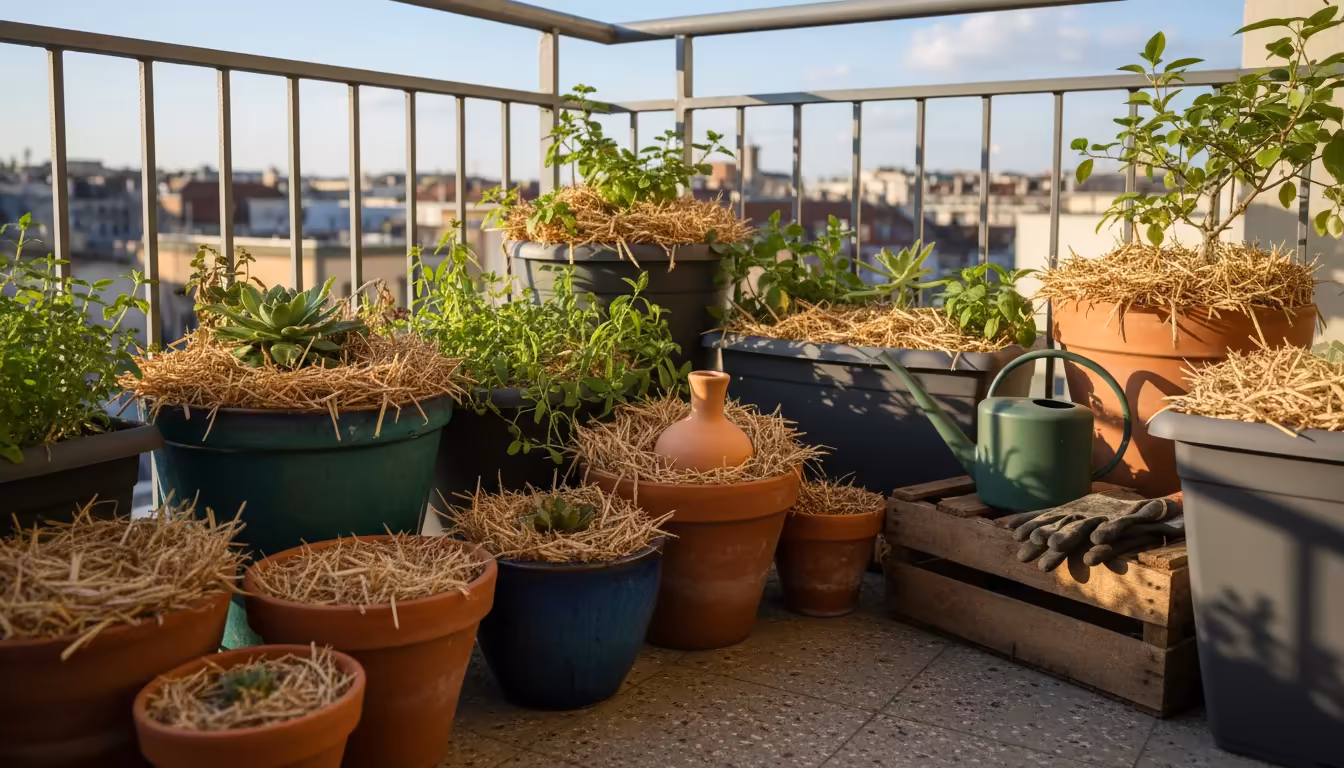 A balcony corner with container plants grouped and mulched with straw. A terracotta olla is partially visible in a basil pot.