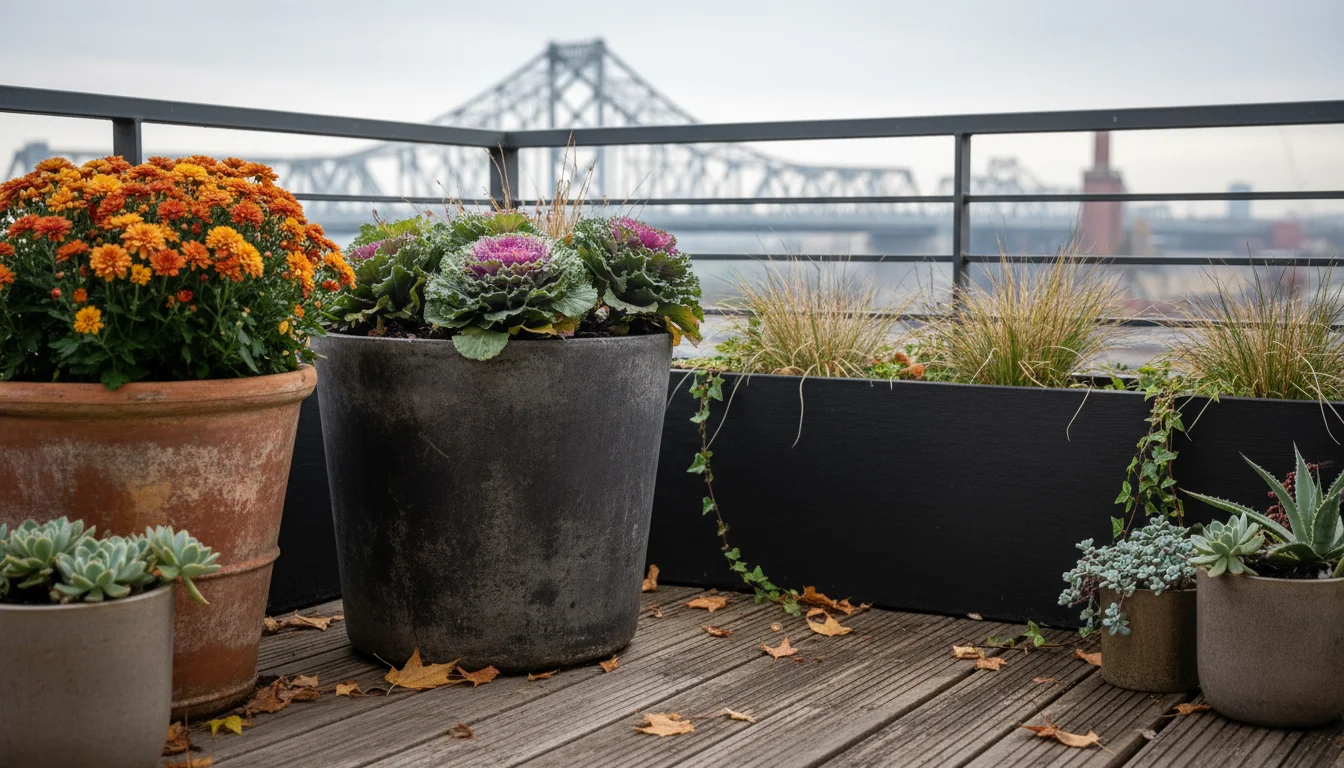 A balcony corner featuring durable concrete, terracotta, and fiberglass planters filled with resilient autumn plants like ornamental cabbage, chrysant