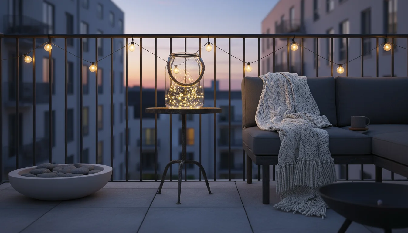 Close-up of a balcony corner at dusk with glowing fairy lights in a lantern and globe string lights along a railing, next to an outdoor chair.