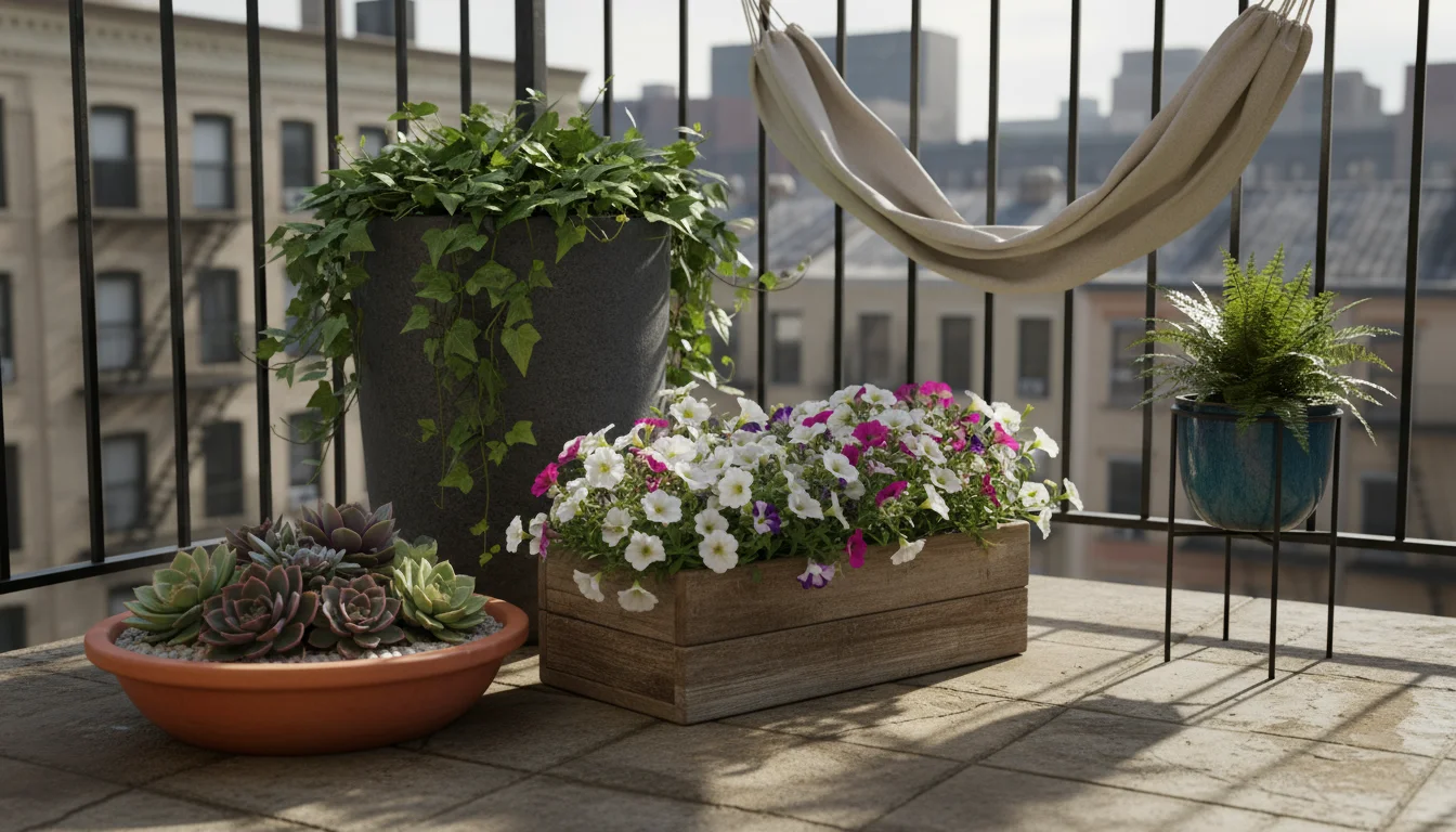 Balcony corner with mixed container sizes & shapes: tall grey, wide terracotta, rectangular wood, small blue on stand. Thoughtful arrangement.