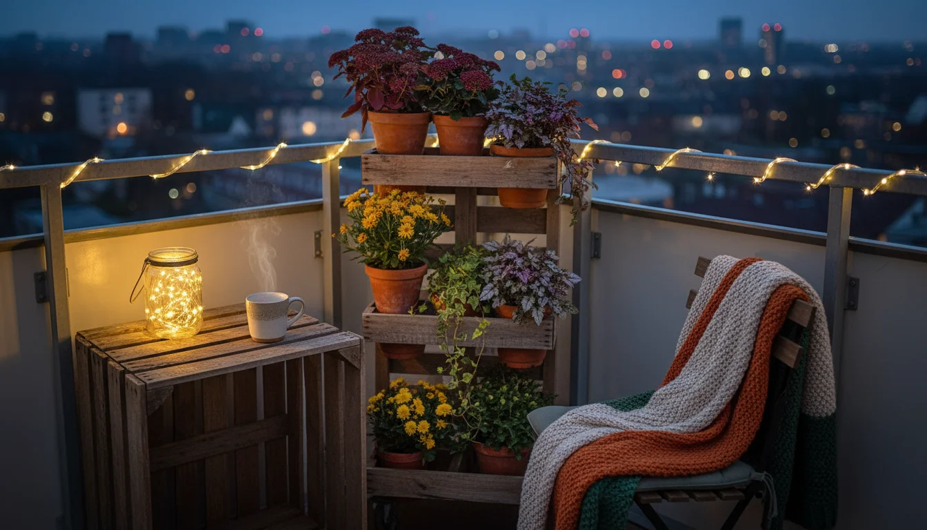 Balcony corner with repurposed crate table, DIY jar lantern, pallet stand with terracotta pots and autumn plants, throw on chair, fairy lights.