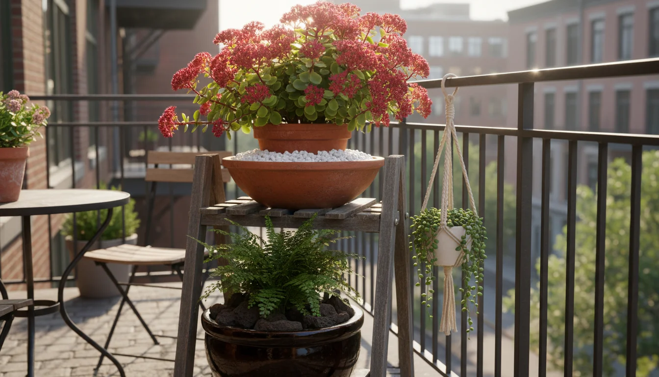 A balcony corner shows container plants with different mulches: white gravel for sun, dark lava rock for warmth, and shredded bark for drainage.