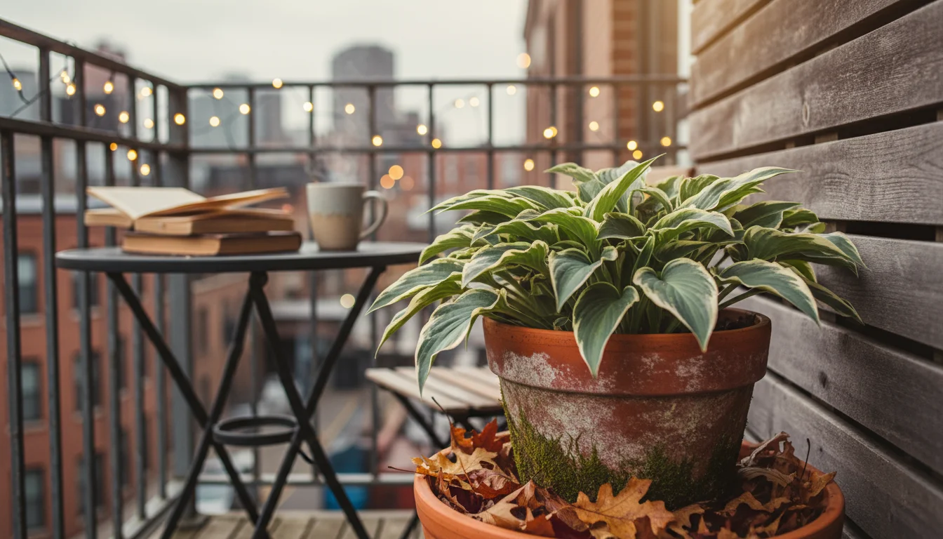A balcony corner showing two container gardening approaches: a hosta in a leaf-mulched terracotta pot next to a cleared concrete planter with sedums.