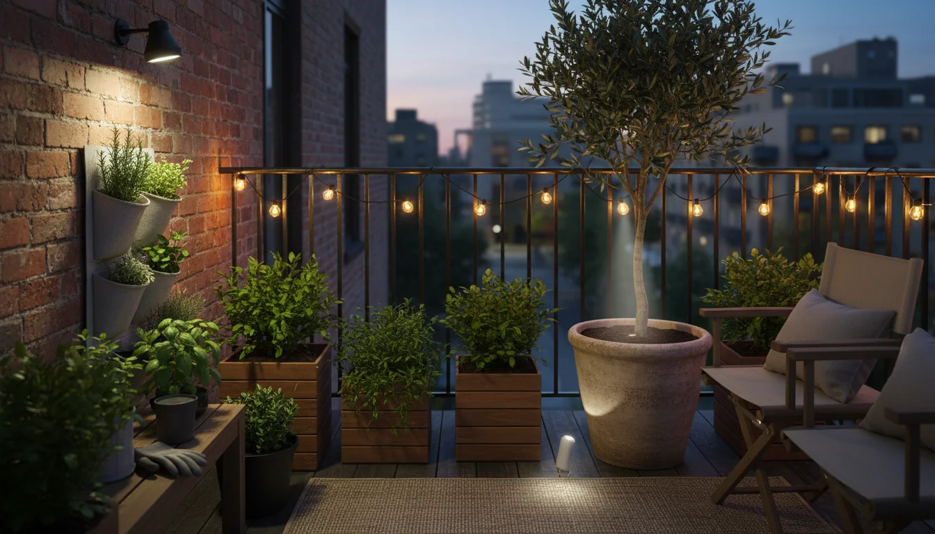 Balcony at dusk with string lights zip-tied to a railing, a wall planter with a picture light, and a container with a hidden solar spotlight.