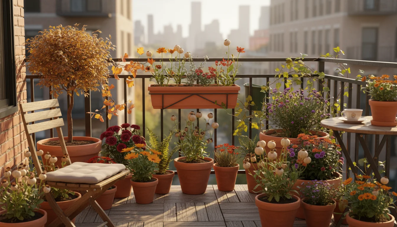 A balcony garden in autumn, with potted plants displaying mature seed pods and dried flower heads under soft, golden light.