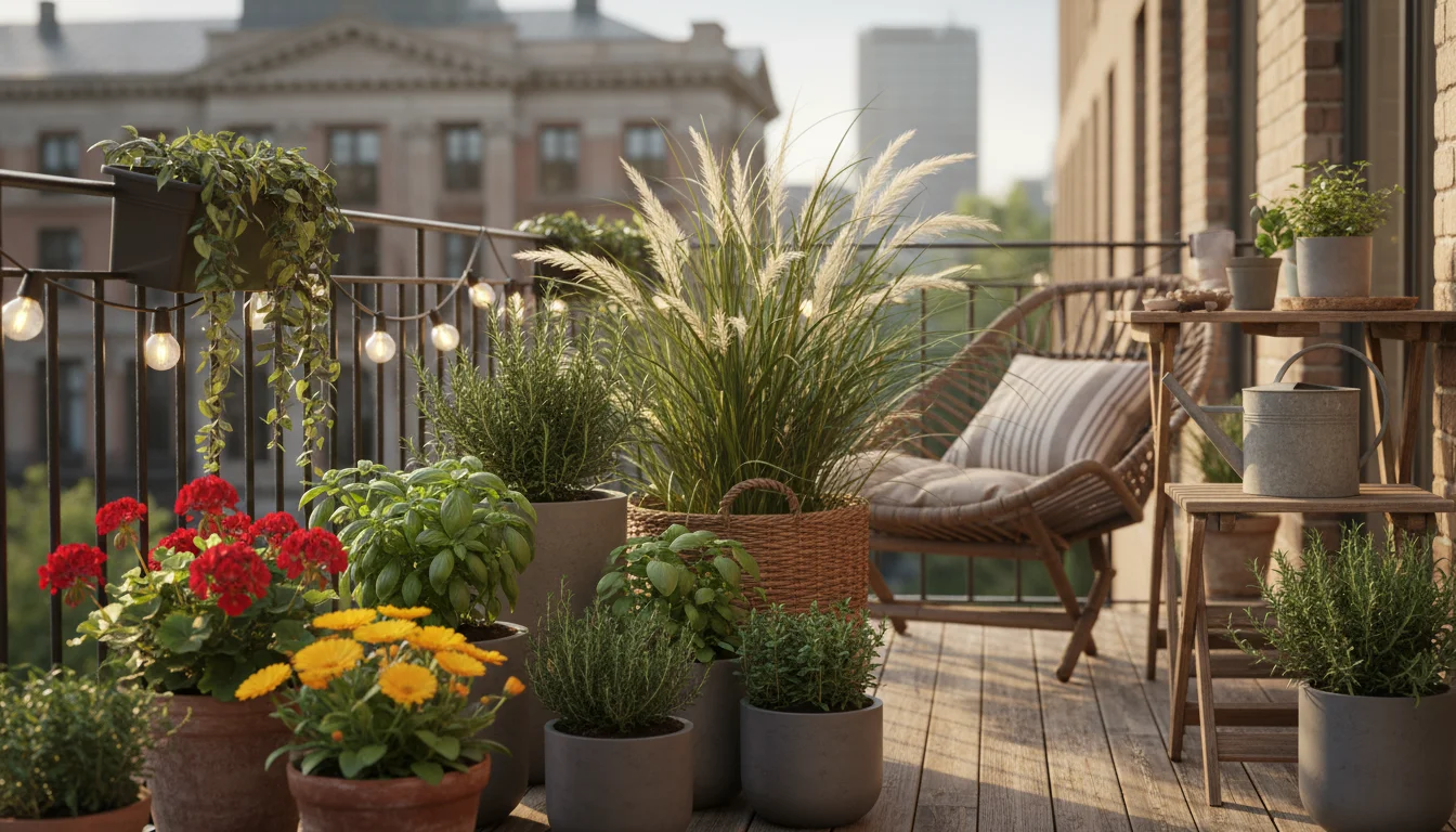 A balcony garden with container plants and a white curtain gently billowing in a soft breeze.