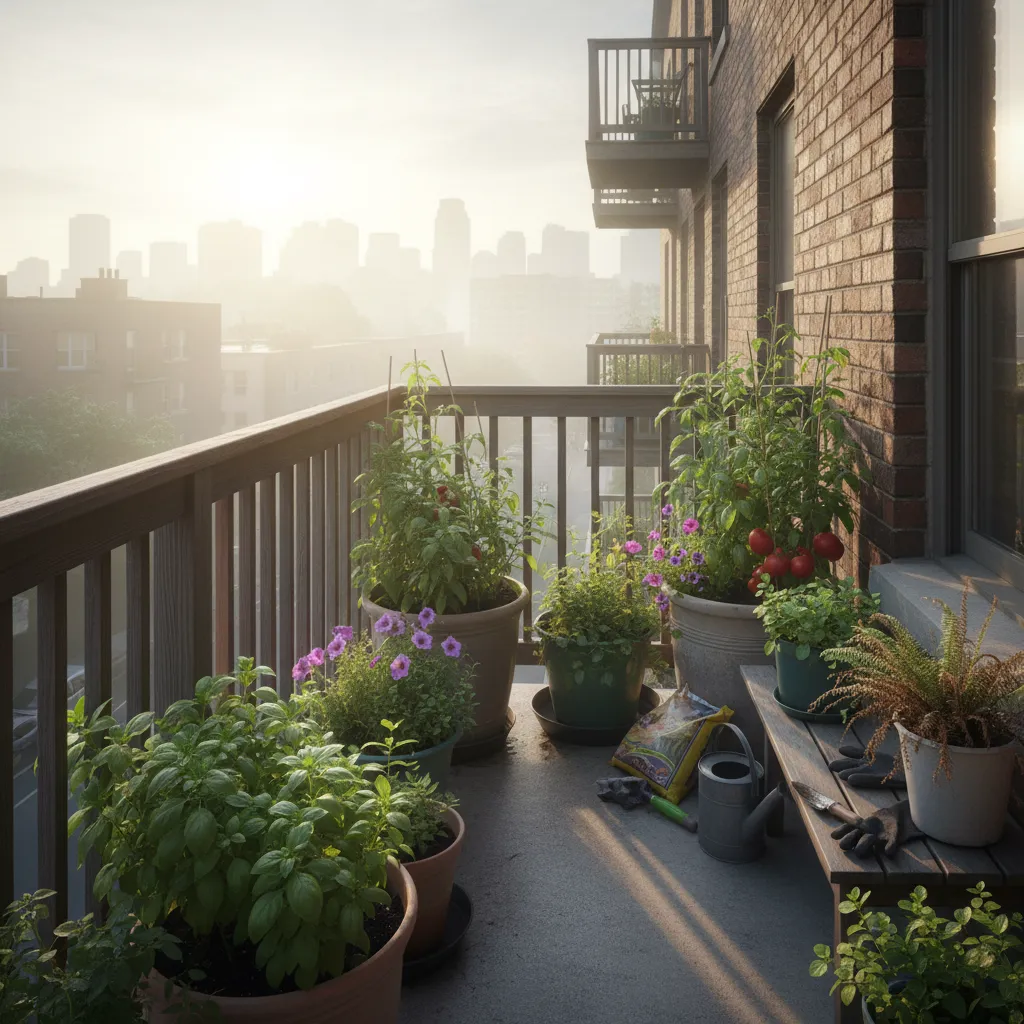 A wide shot of a balcony garden, showing various potted plants, some flourishing and some slightly overgrown or crowded, illuminated by morning light.
