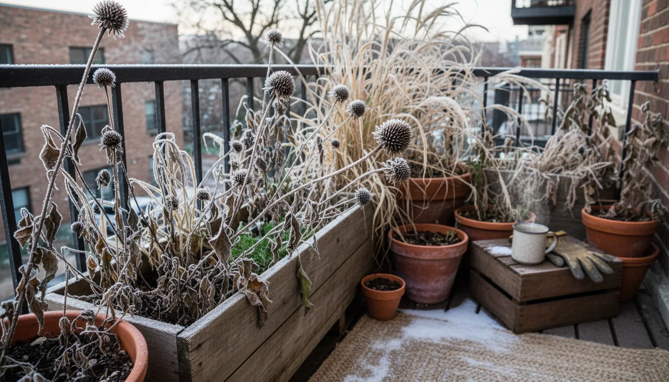 A balcony garden corner in early winter. Dried perennials and grasses in pots and a window box. Delicate hoarfrost, a tiny ladybug on a stem.