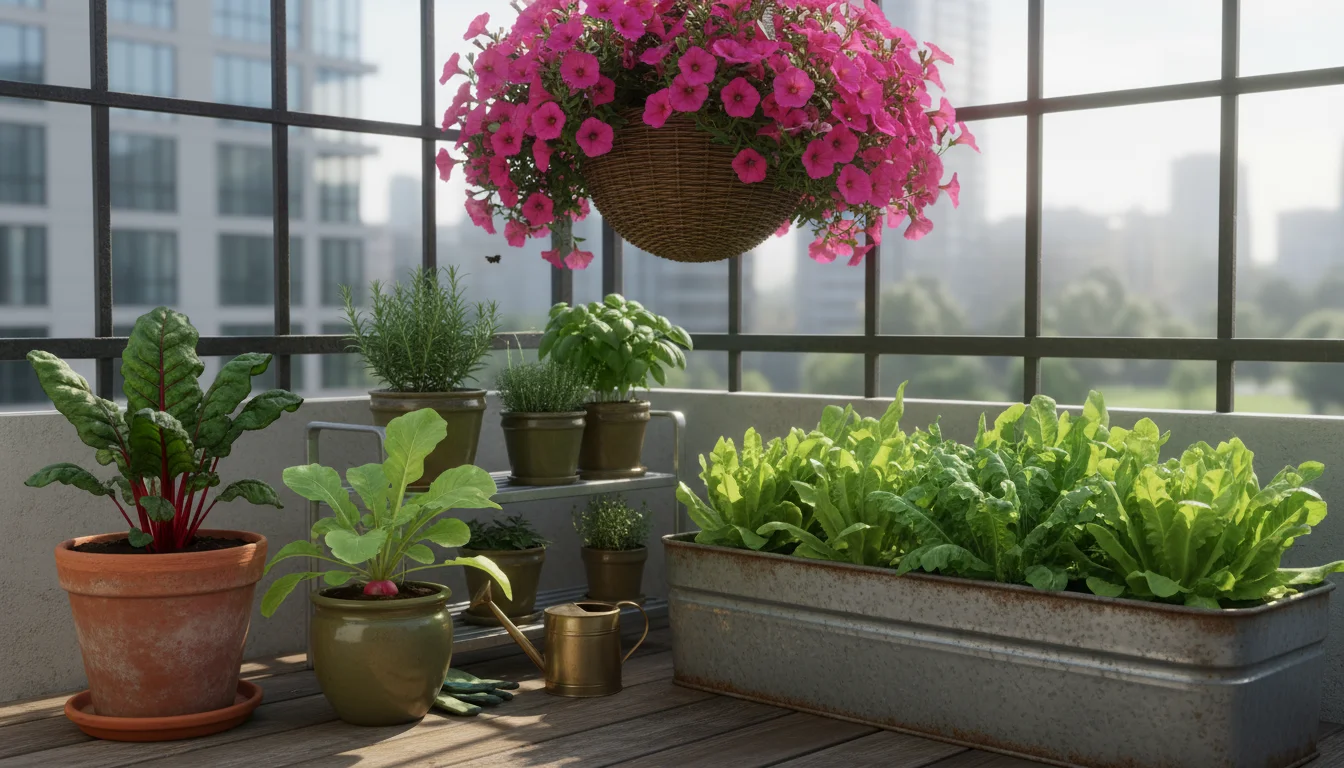 A balcony garden corner with thriving lettuce, spinach, Swiss chard, radish leaves, impatiens, and strawberries in containers under dappled light.