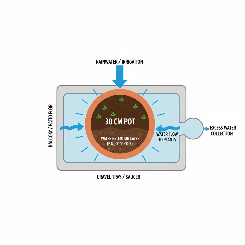 Balcony garden diagram: 30cm pot, soil, plant, water flow arrows. Simple, labeled for small yard gardening.