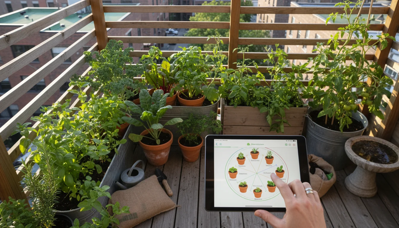 Overhead view of a balcony garden with a hand on a tablet displaying a plant rotation app, surrounded by container vegetables.
