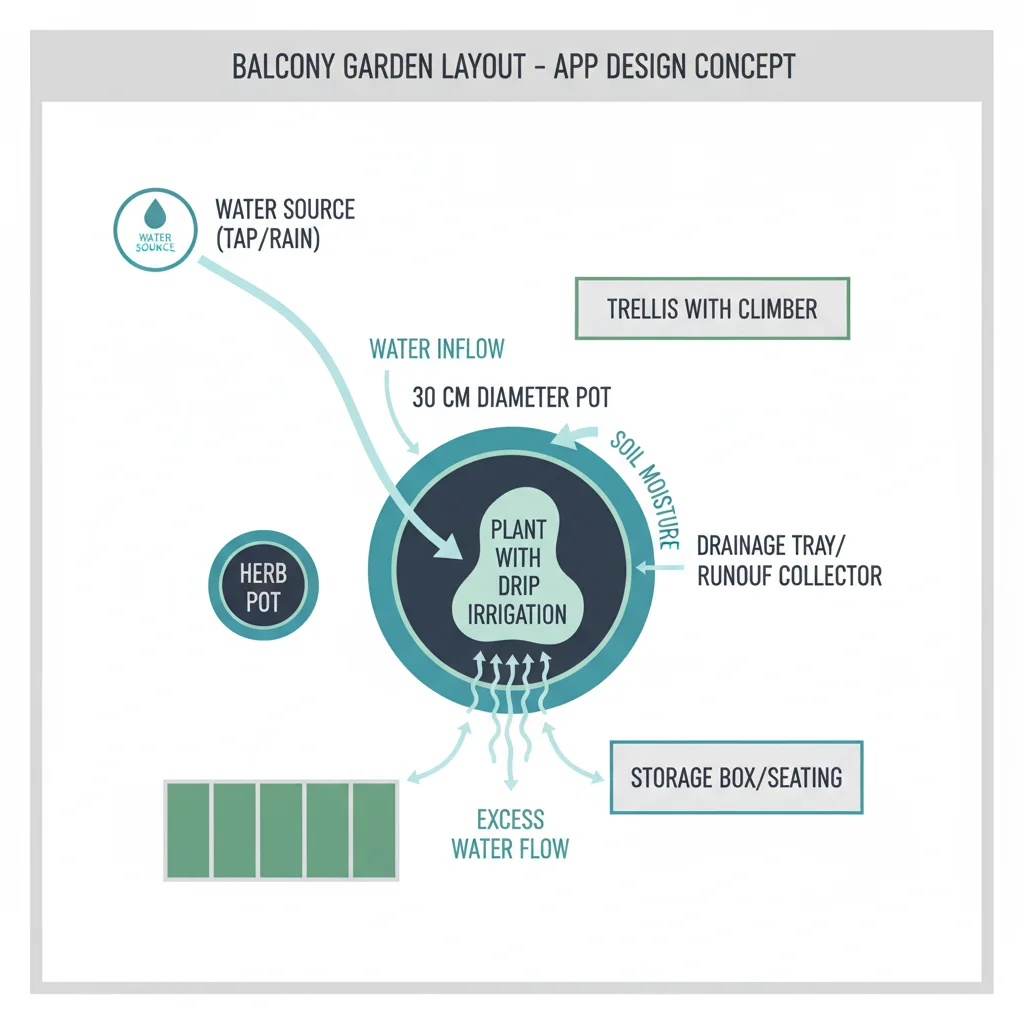 Balcony garden layout diagram: 30cm pot, soil, plant. Arrows indicate water flow through soil & drainage.
