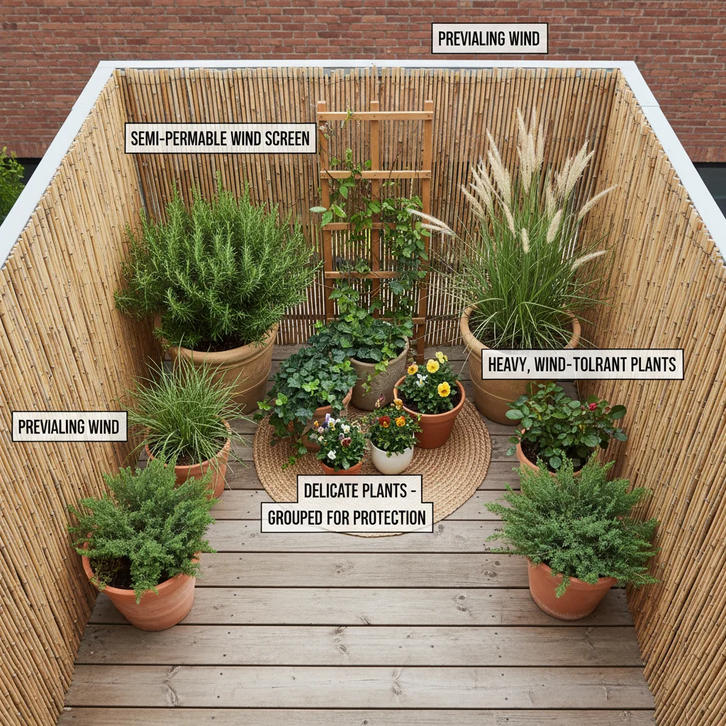 Balcony garden layout: wind screen on windward side, hardy plants near screen/corners, delicate plants grouped in sheltered center. Wind flo