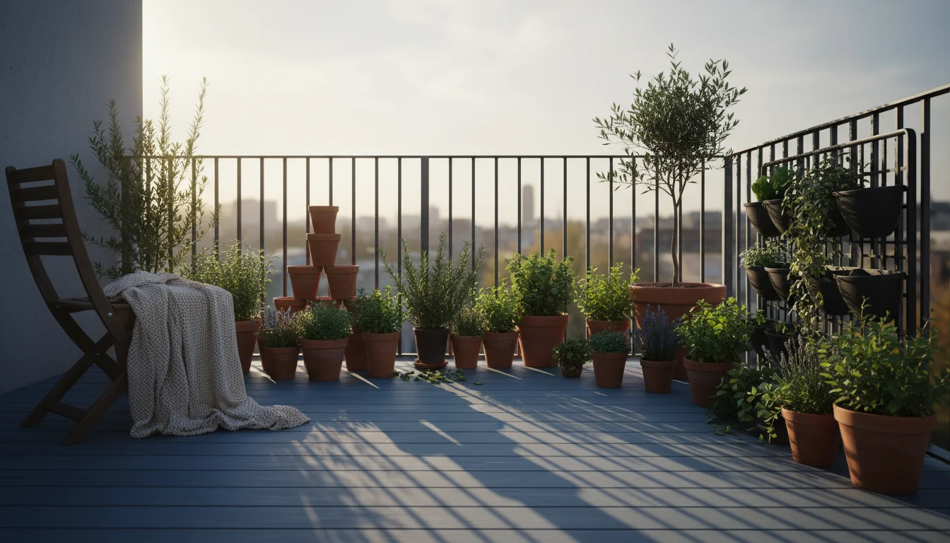 Wide shot of a balcony garden with long shadows from pots and railings, soft light, and a throw blanket on a chair, indicating fall.