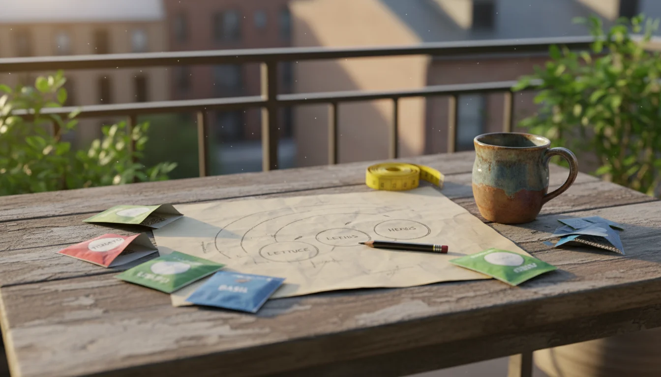 Overhead view of a balcony garden plan on a weathered wooden table, surrounded by seed packets, a pencil, and a ceramic mug.