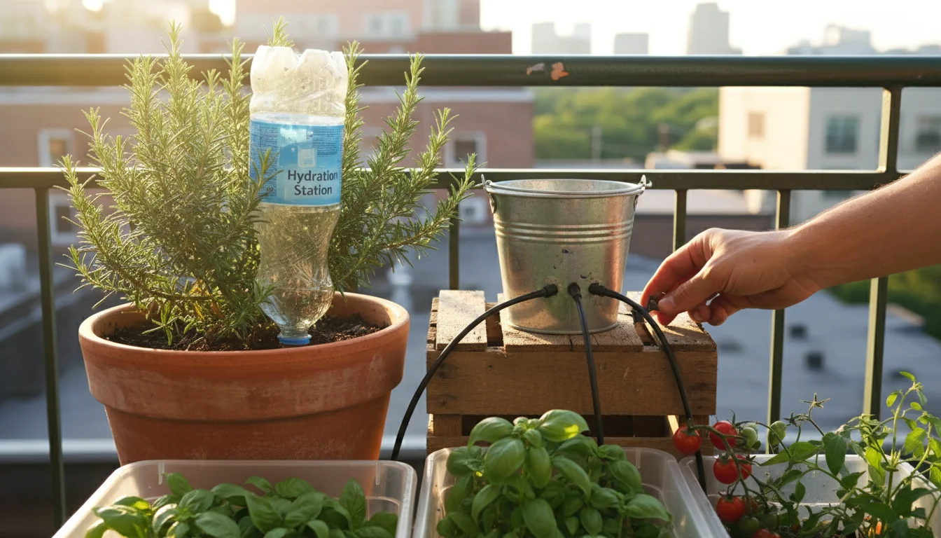Balcony garden showing a plastic bottle drip and a small bucket reservoir feeding thin tubing to several container plants.