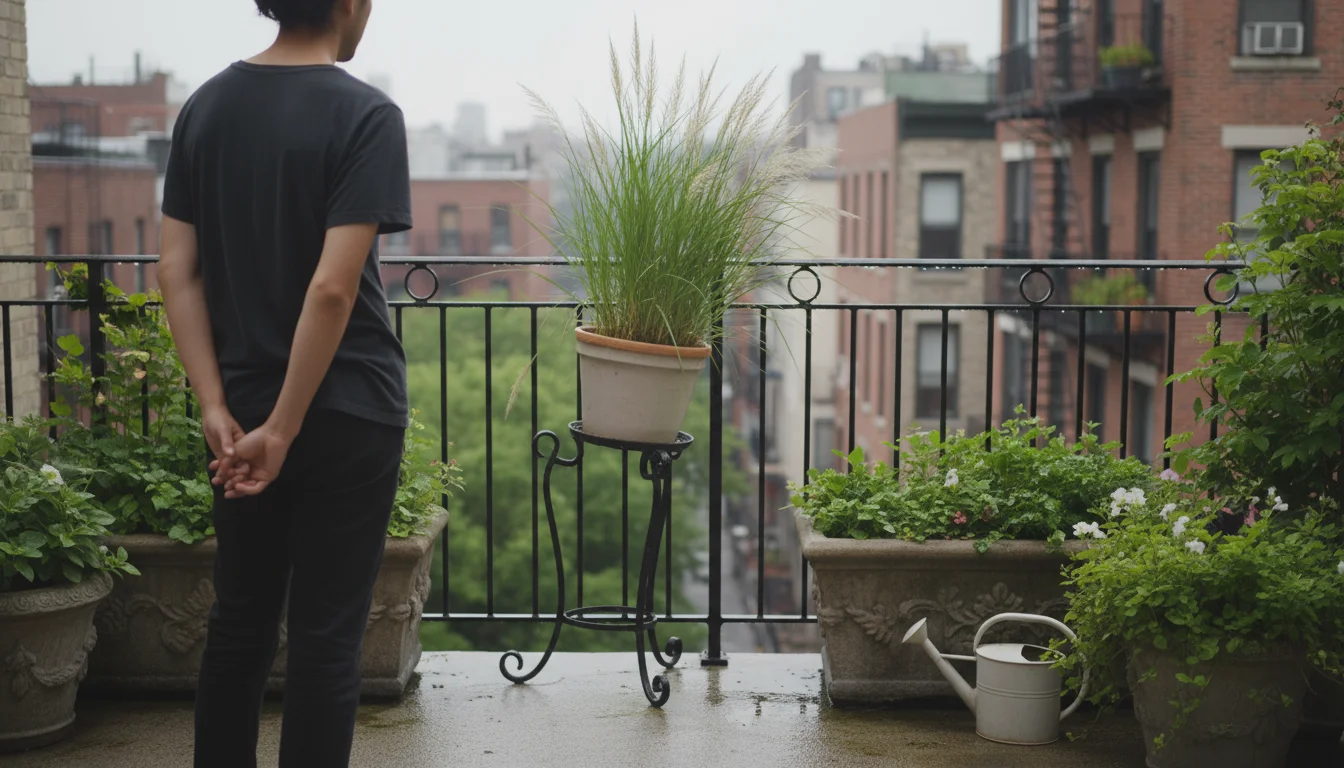 Elevated view of a balcony garden with a precarious tall plant in a narrow pot on a wobbly stand, observed by a pensive gardener.