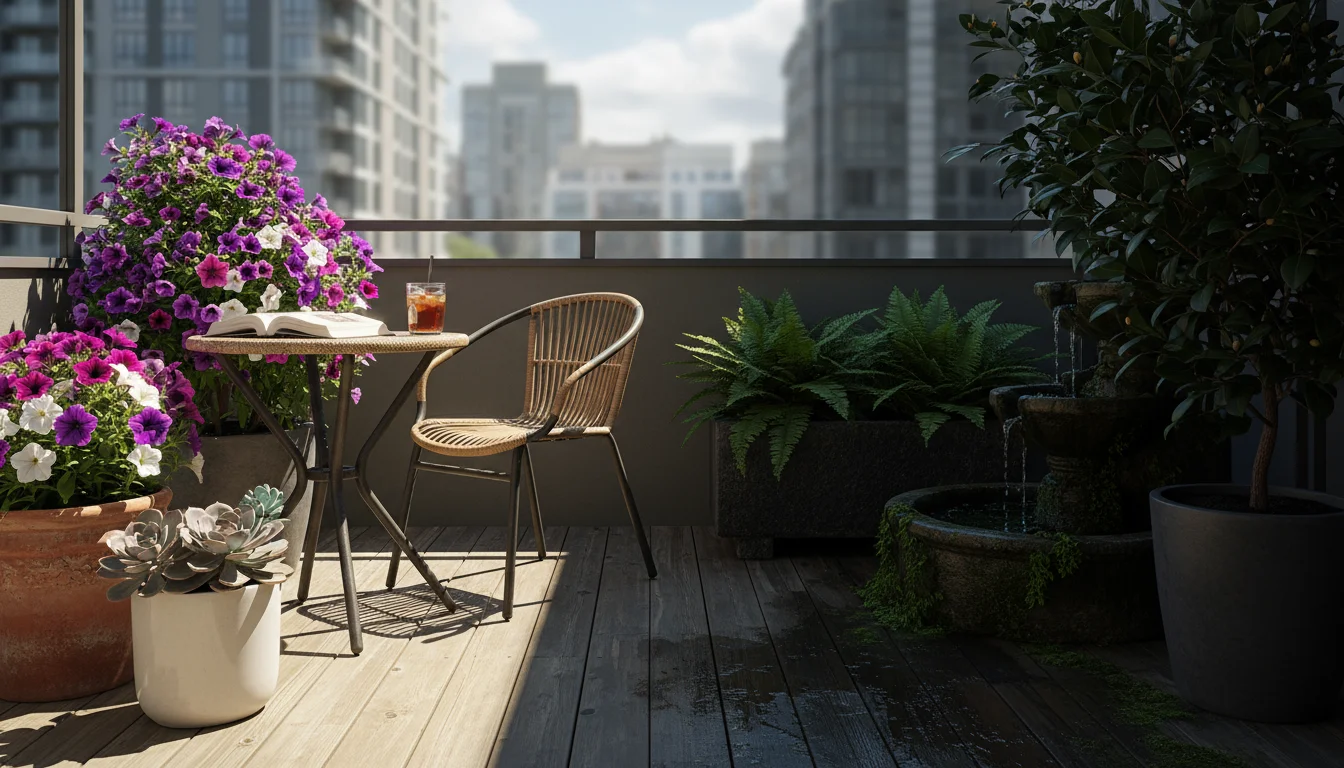 A balcony garden is sharply divided by a sun-and-shadow line, showing vibrant sun-loving plants in bright areas and lush shade-lovers in dimmer spots.
