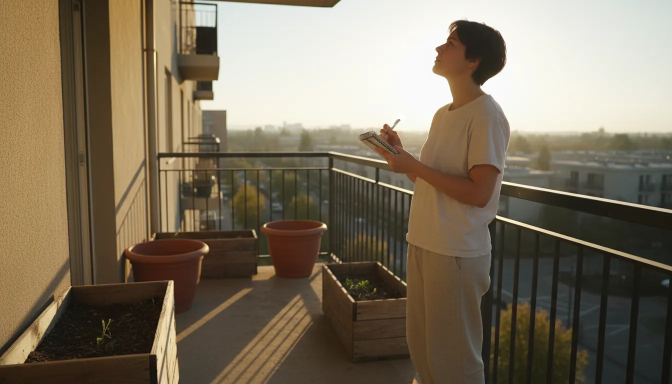 A person uses a notebook and pen to record sunlight exposure on a balcony with empty plant pots, assessing light for gardening.