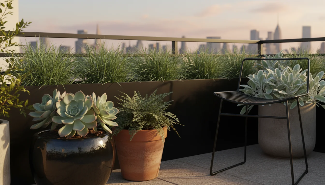 A balcony garden vignette showcasing textural contrast with fleshy Echeveria, delicate fern, wispy grass, and fuzzy Lamb's Ear in varied pots.