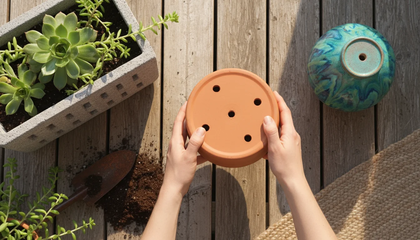 Overhead shot on a balcony of hands checking drainage holes on a terracotta pot, with other containers and a drill nearby for modifications.