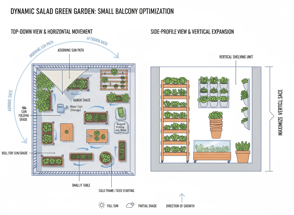 Balcony layout diagram showing containers for salad greens, indicating sunniest spots, shaded areas, and vertical planters for optimal growth.