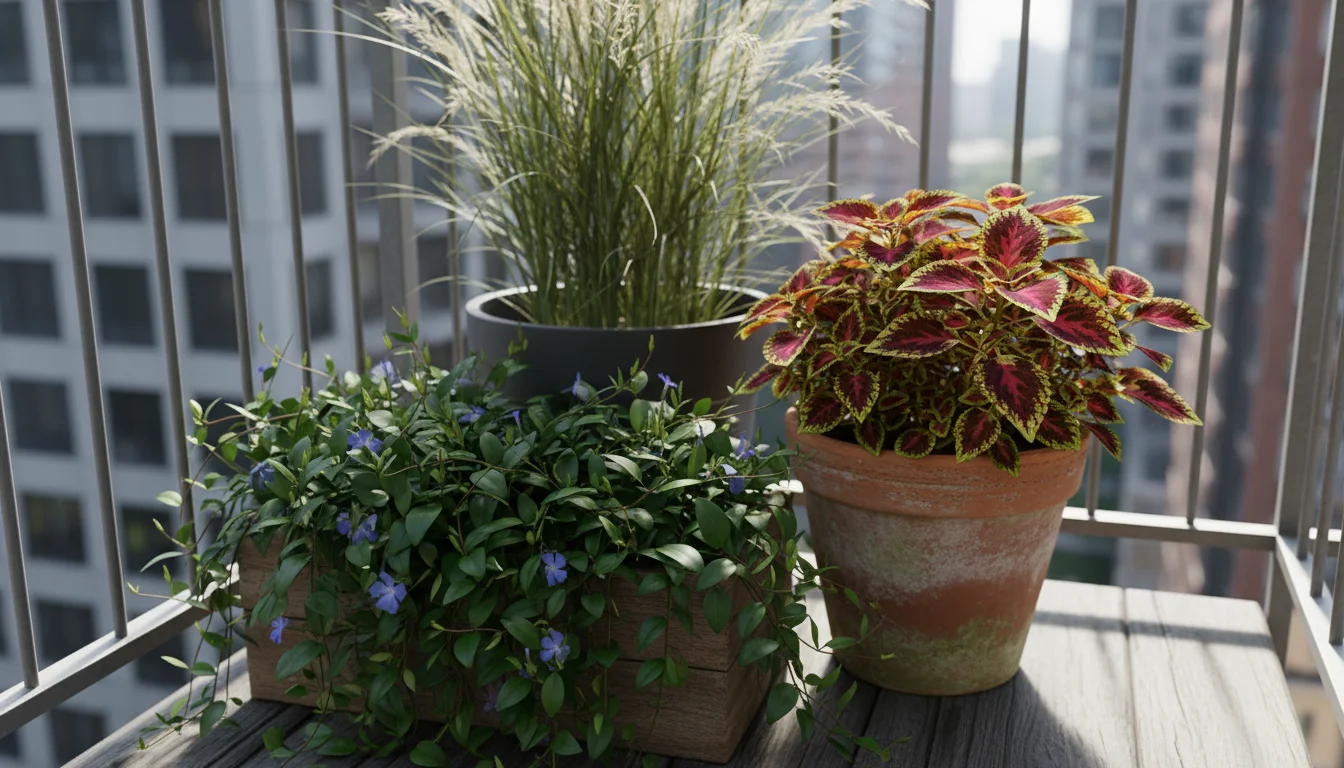 Close-up on a balcony plant cluster: tall ornamental grass, broad-leaf variegated coleus, and glossy trailing vinca in diverse pots. Highlights varyin