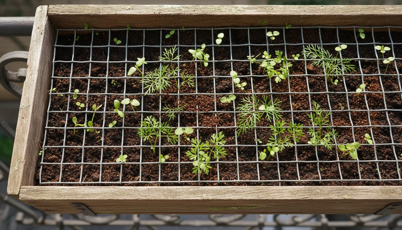 Top-down view of a balcony planter box with herb sprouts, hardware cloth, and coffee grounds as squirrel deterrents.
