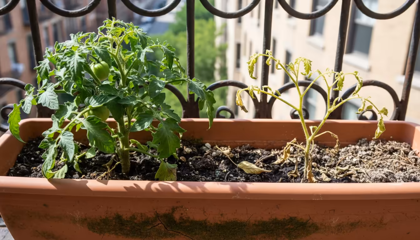 A balcony planter box showing two tomato plants: one healthy and thriving with fruit, the other stunted and struggling with sparse leaves.