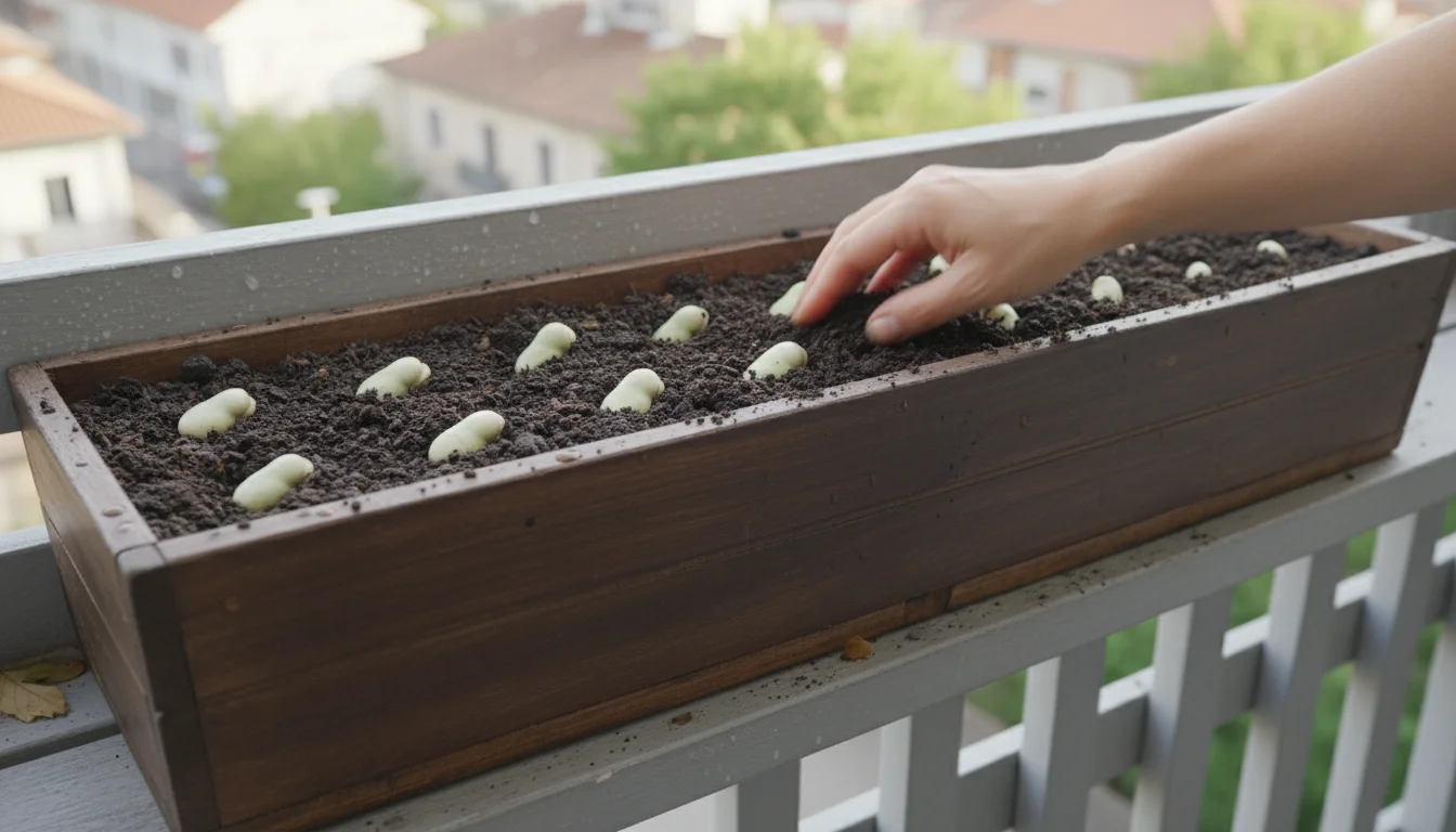 View into a balcony planter with fava bean seeds in soil, a hand gently covering one of the seeds.