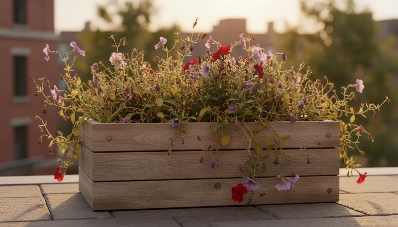 Balcony planter with leggy, yellowing summer annuals. Sparse, small blooms indicate it's time for seasonal transition.