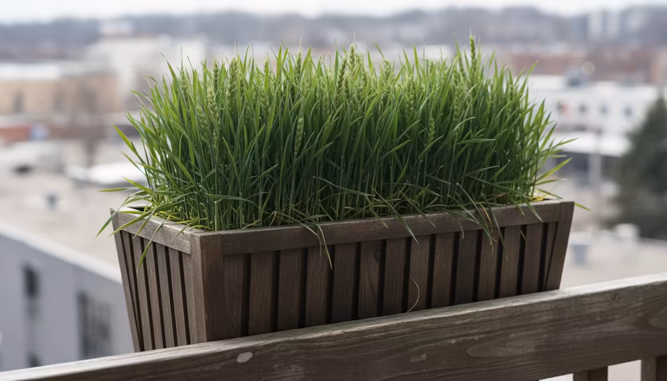 Balcony planter overflowing with green winter rye cover crop, showing early, tiny seed heads emerging from stalks, bathed in soft morning light.