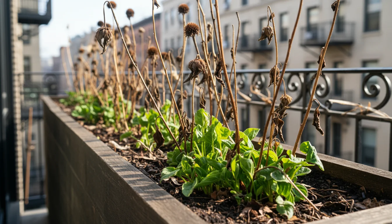 Close-up of a balcony planter in spring, showing old, dry plant stems and vibrant new green shoots emerging from their base.