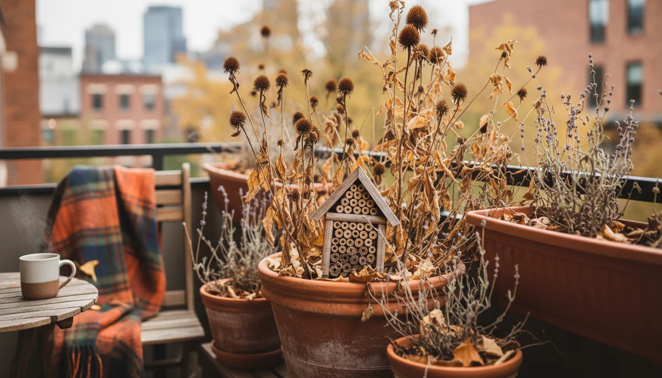 Balcony pots filled with dried plant stalks, spent flowers, and leaves, with a small bamboo insect shelter in soft light.