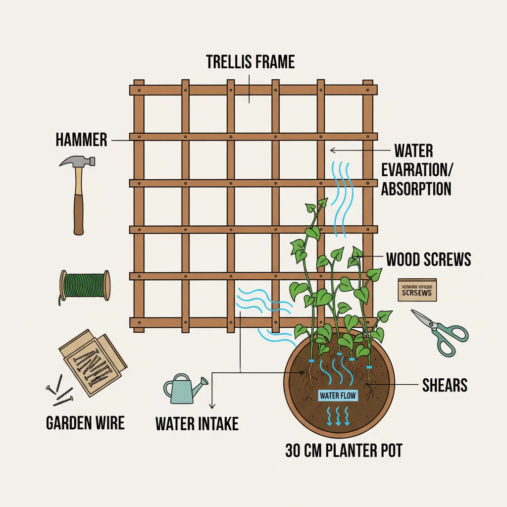Balcony trellis diagram: shows trellis structure, water flow arrows, and a 30cm pot for plant support.