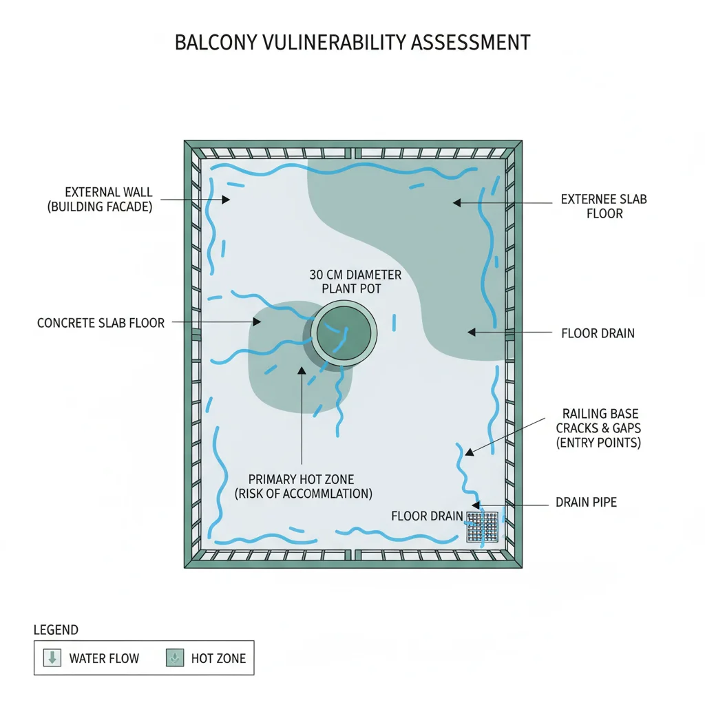 Balcony vulnerability assessment: Shows water flow arrows, potential entry points, hot zones, and 30cm pot on balcony.