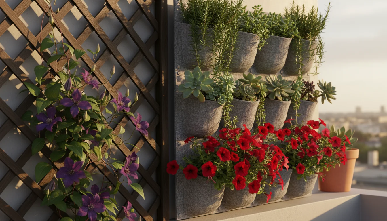 A balcony wall with a dark wooden trellis supporting purple clematis next to a grey felt modular wall planter filled with herbs and flowers.
