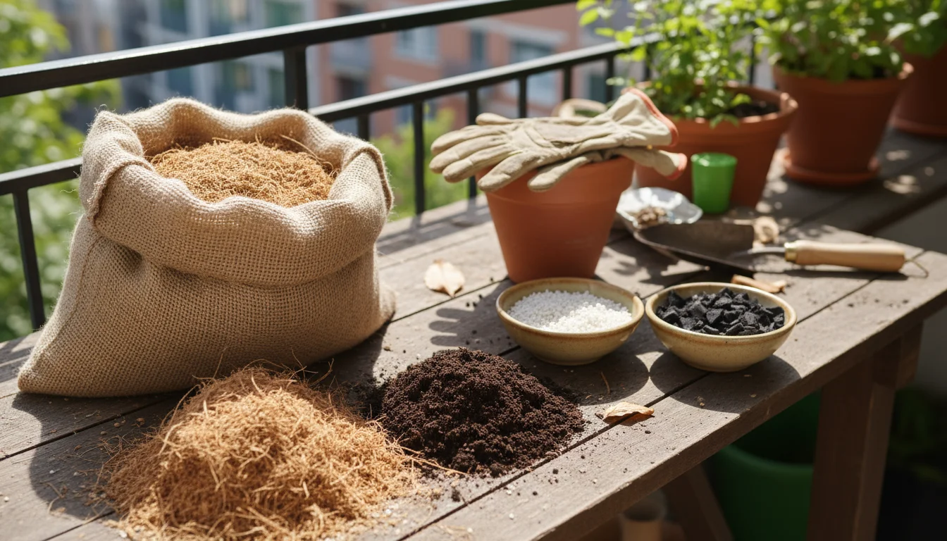 Close-up of a balcony workbench displaying sustainable potting mix components: coconut coir, compost, perlite, biochar, and worn gloves.