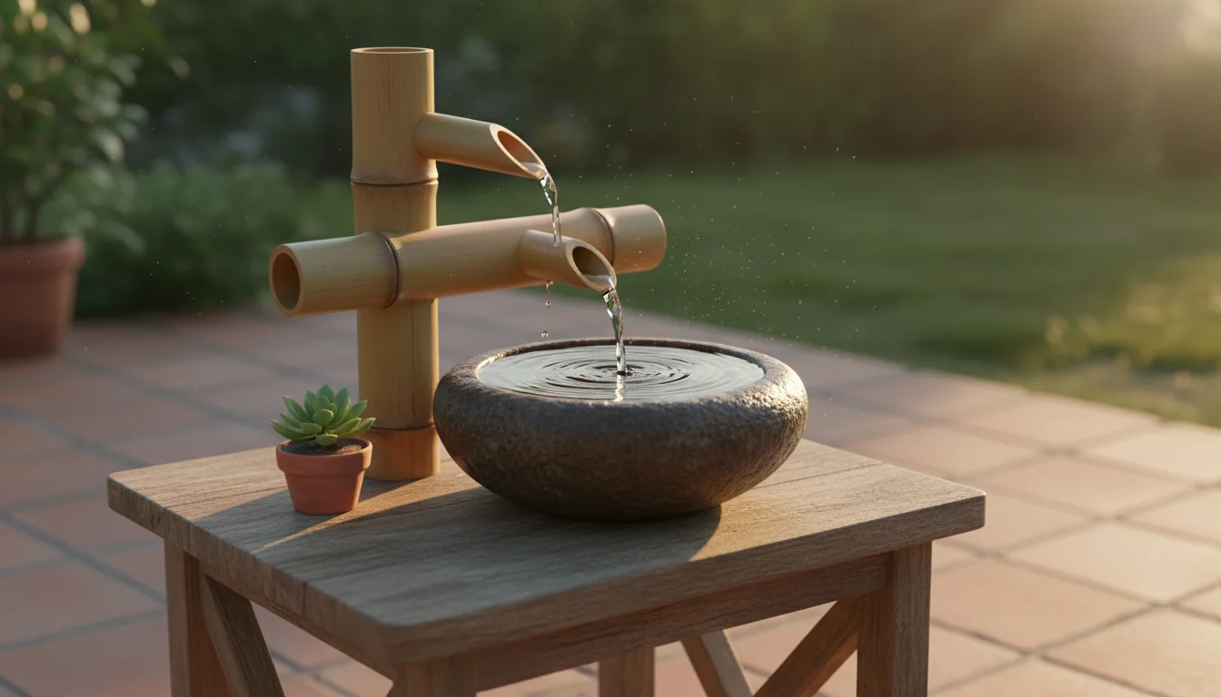 An eye-level view of a bamboo tabletop fountain on a small weathered wooden table, trickling water into a dark stone basin on a sunny patio.