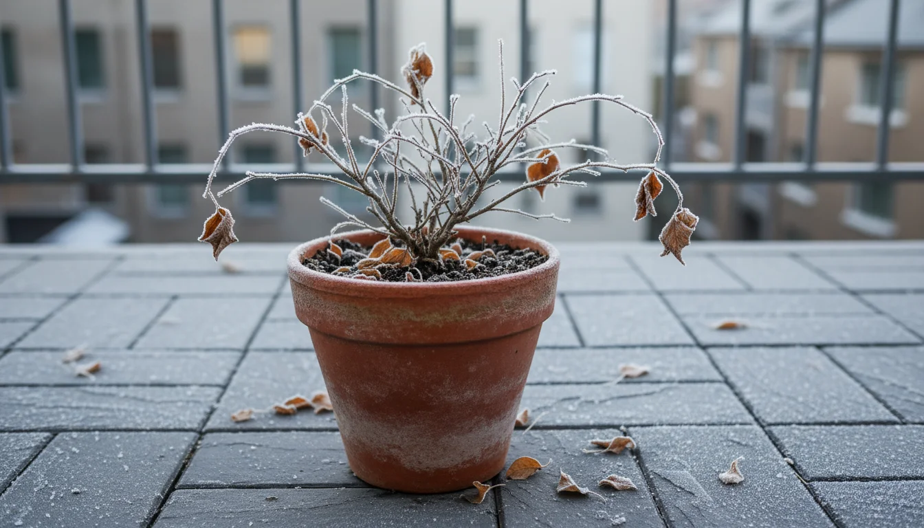Bare branches of a small deciduous shrub in a terracotta pot on a frost-dusted urban balcony, showing signs of winter dormancy.
