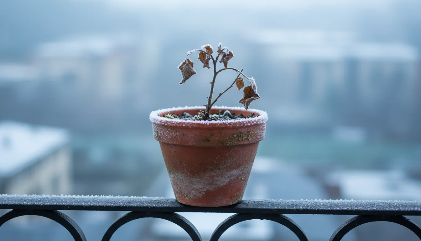 A bare, dormant woody plant stem in a frost-dusted terracotta pot on a city balcony railing.