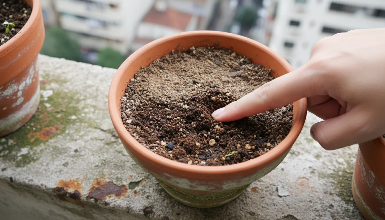Close-up of a bare finger checking the moisture of dark soil in a terracotta pot on a balcony, showing the top layer is dry while deeper soil is moist