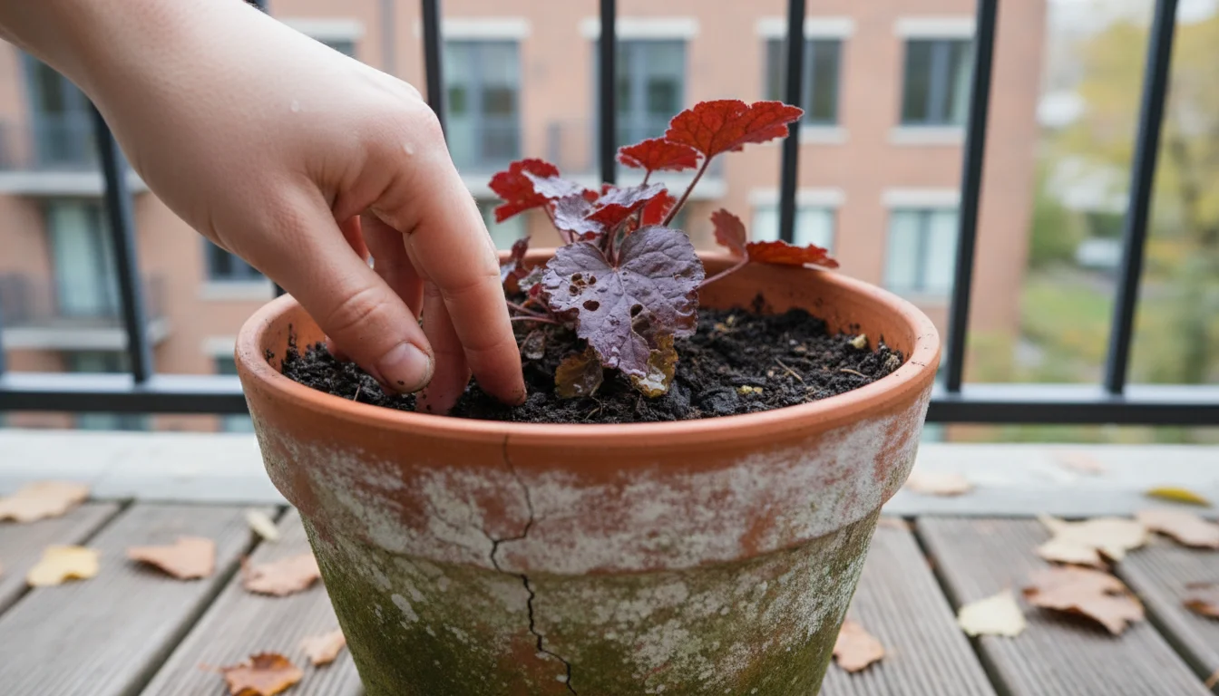 Bare fingers gently check visibly damp soil in a terracotta pot with a shade plant showing slightly yellowed lower leaves, elevated for drainage.