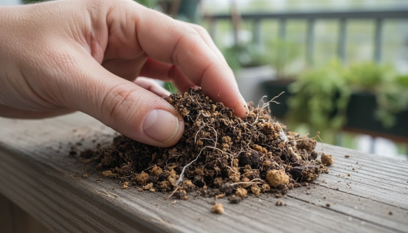 Close-up of bare fingers sifting old potting soil on a wooden surface, revealing subtle white mold and root fragments.