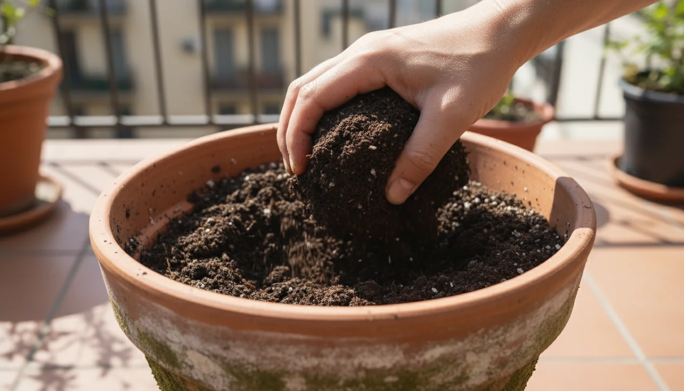 A bare hand breaks apart dense, dark, used potting mix in a weathered terracotta pot, with white salt crusts visible on the rim.