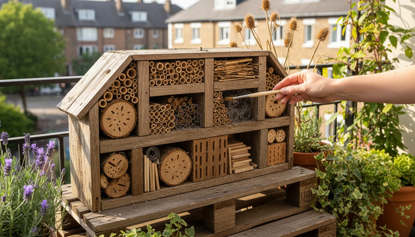 A bare hand gently brushes dust and a dry leaf from a multi-compartment wooden bug hotel on a balcony.